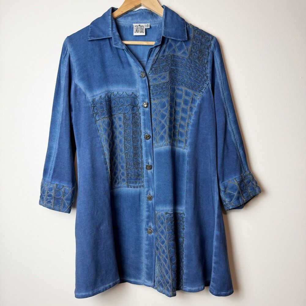 Parsley & Sage Tunic Top Blue Artsy Lagenlook 3/4 Sleeves Embroidered Women’s M